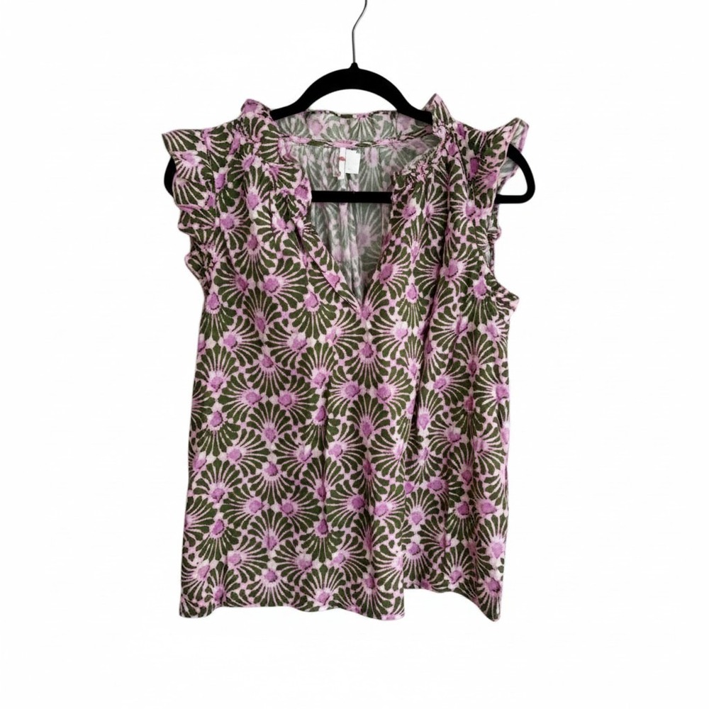 Xirena  Pink Green Floral Print Ruffle V-Neck Flutter Sleeve Blouse Top M